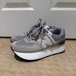 New balance 574+ platform suede and mesh sneakers in grey, white, and beige